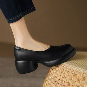 Women's Round Toe Platform Slip-On Pumps with Chunky Heel