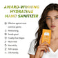 Model holding an orange POWER MIST paper box beside a list of maker feature statements on a white panel