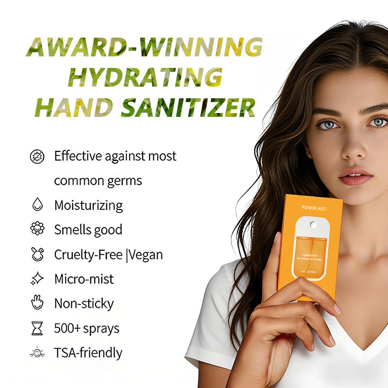 Model holding an orange POWER MIST paper box beside a list of maker feature statements on a white panel