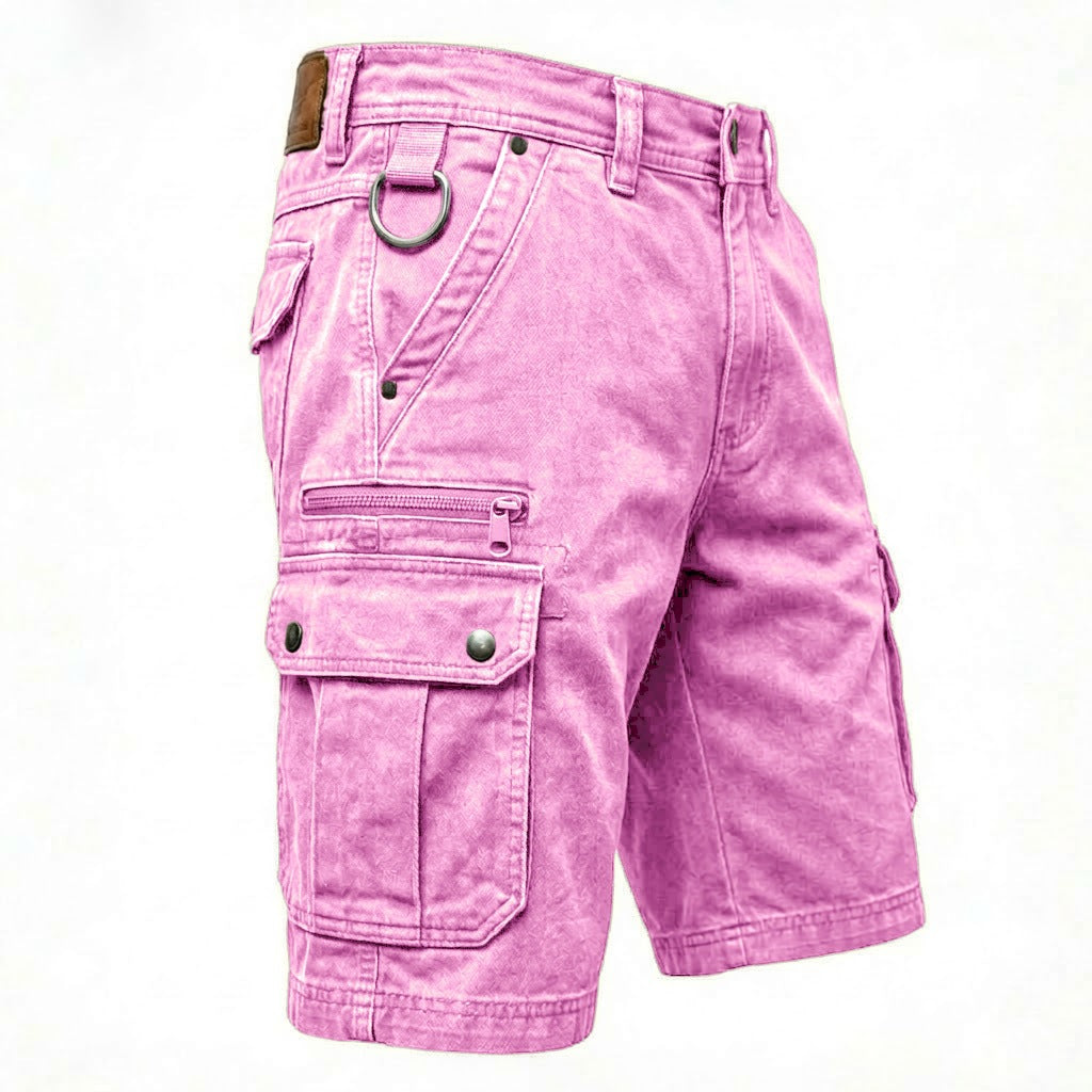 Washed cotton denim mens cargo shorts, detail of the zippered thigh security pocket