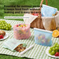Reusable silicone food storage bag with a snap on seal bar and measurement marks