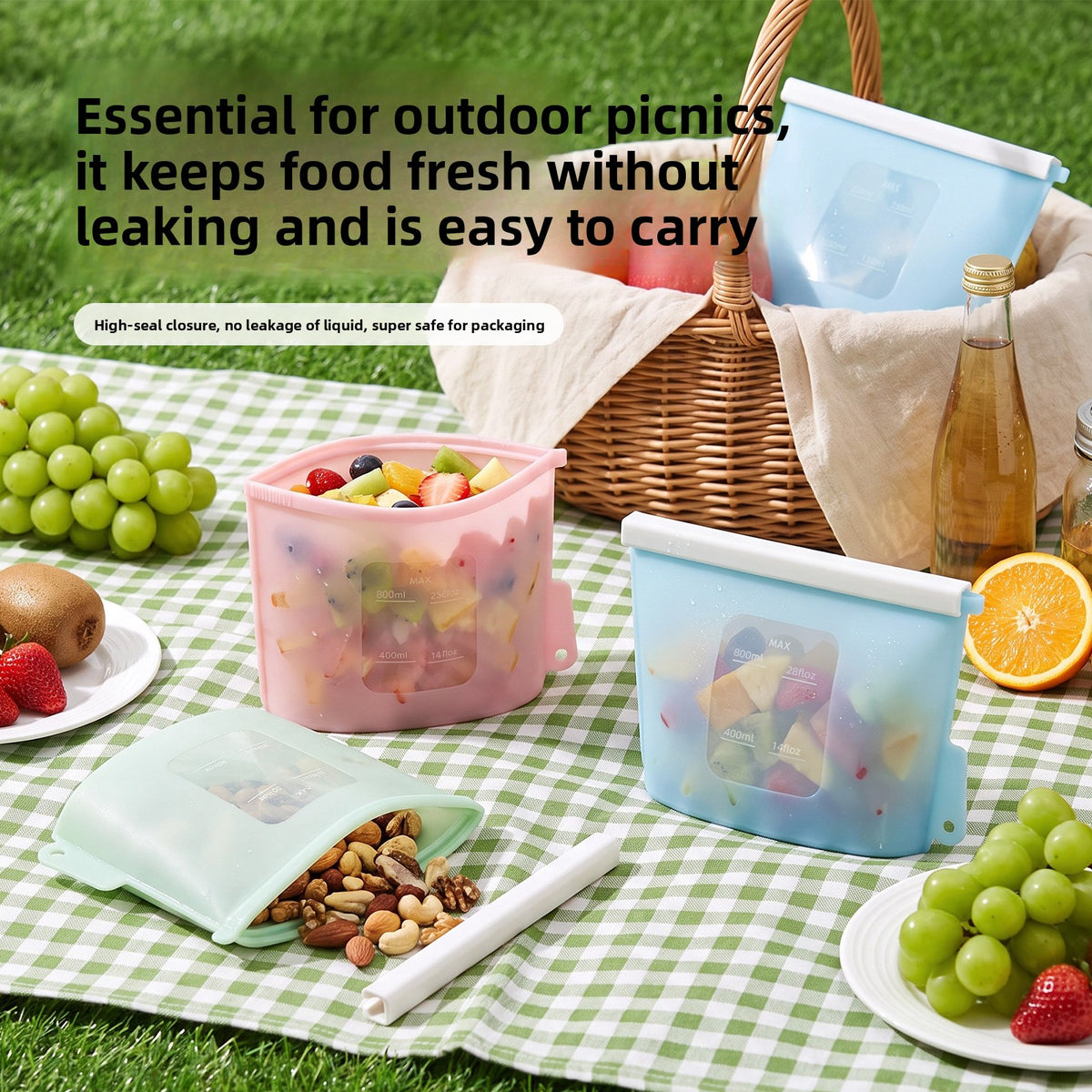 Reusable silicone food storage bag with a snap on seal bar and measurement marks