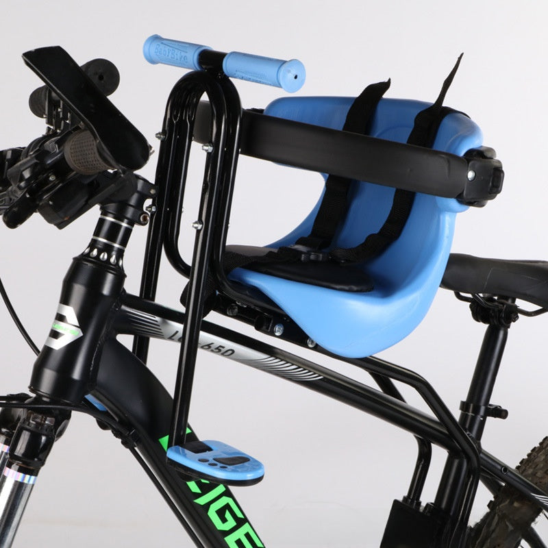 Blue front mount child bicycle seat with padded guardrail and shoulder straps on a bike