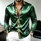 Green satin long sleeve shirt with a gold ornamental band on the placket and cuffs, Green L option