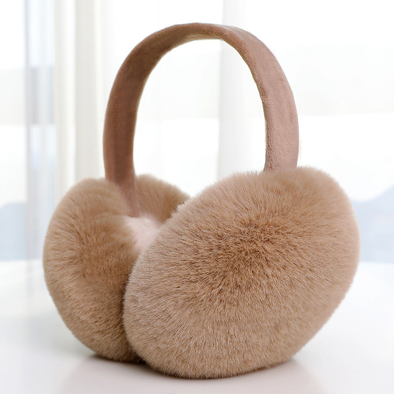 Khaki Fabric Band foldable plush winter earmuffs, front three quarter view