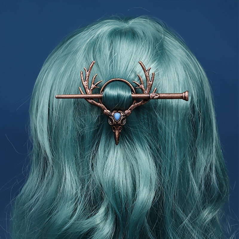 Nordic Gothic Crow Skull Antler Hairpin Retro Viking Hair Accessory