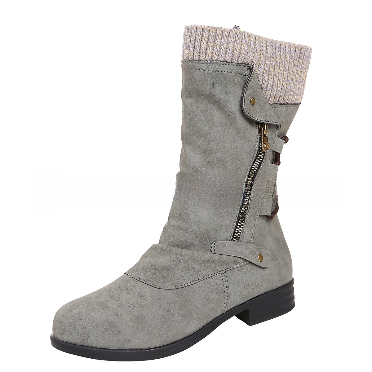 Gray matte mid calf slouch boot with a knit cuff, a diagonal zipper and a strap, option Gray size 37
