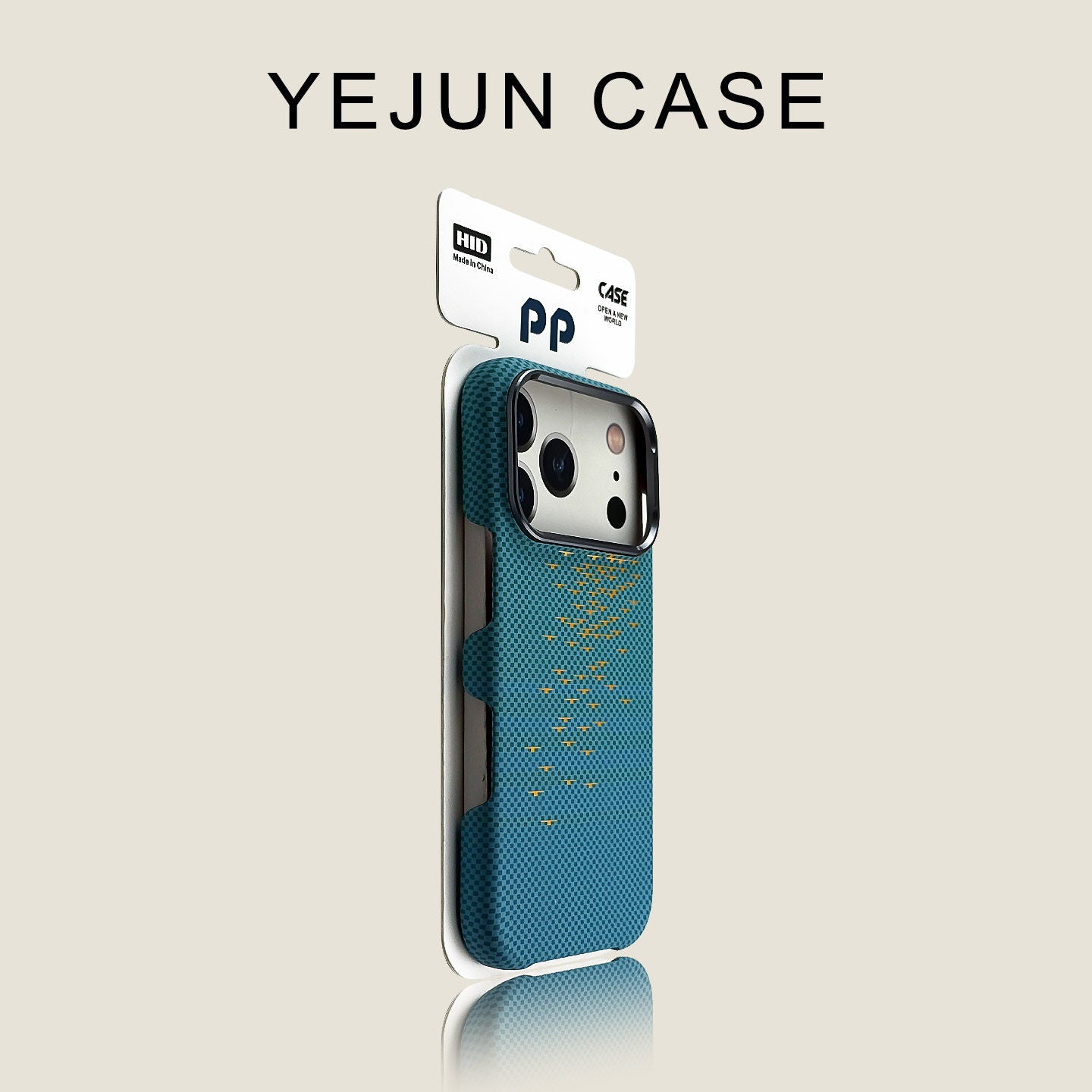 Blue textured magnetic phone case compatible with iPhone shown in retail packaging