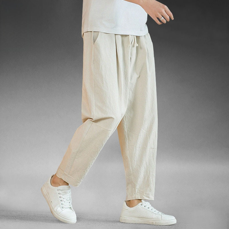 Mens cotton and linen wide leg casual trousers, loose straight cut, ankle length, drawstring waist