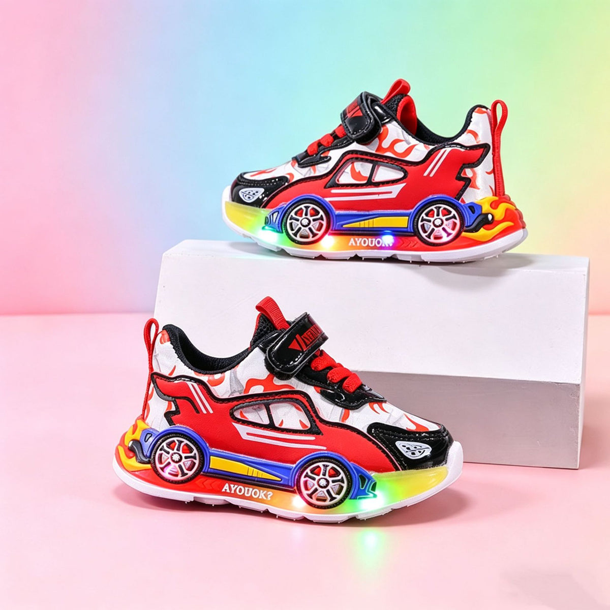 Red, black and white sports car kids sneakers with flame pattern, LED sole lights and hook and loop strap