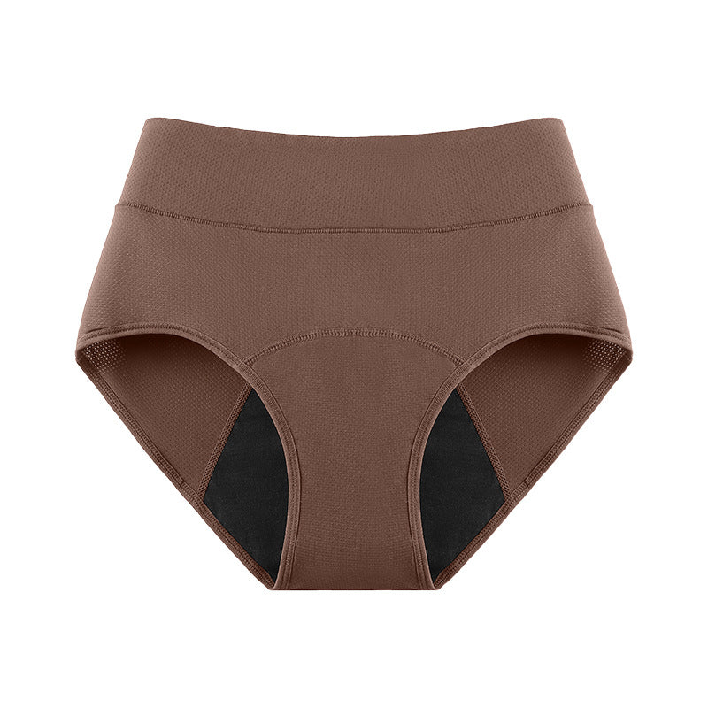 Khaki brown high-waist menstrual brief front view with mesh side panels on a plain background