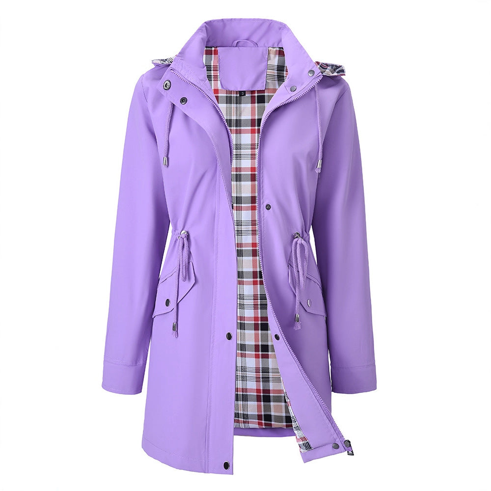Women's long hooded windbreaker shown from the front with the zip closed