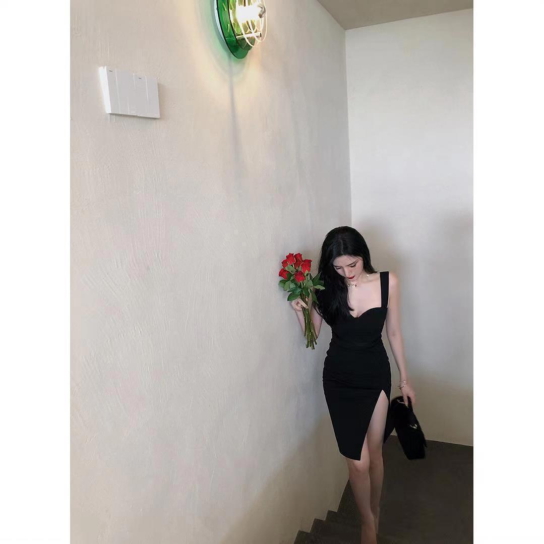 Sling Shoulder Black Dress with | lifestyle in use