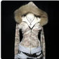 Camouflage zip hoodie with a fur trim hood and gray ribbed hem, shown on the Cream Camouflage size L option