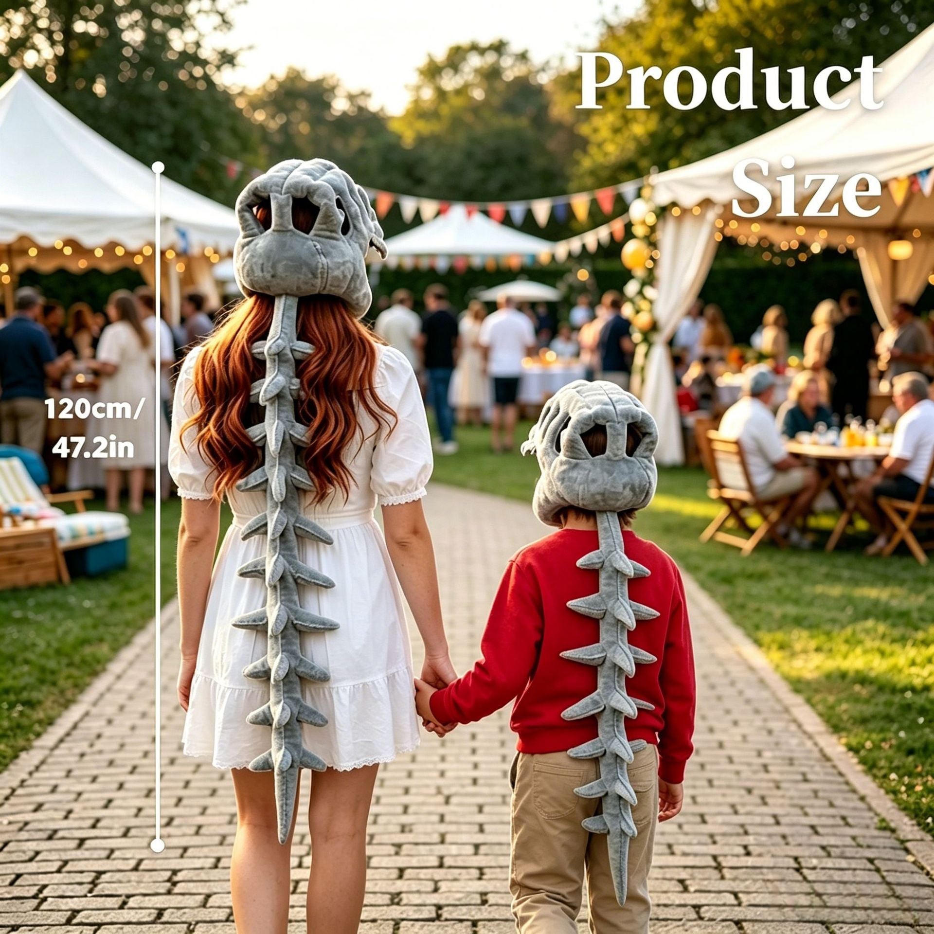 Gray plush dinosaur skeleton hood and spine tail shown from the back with a 120cm adult length marker