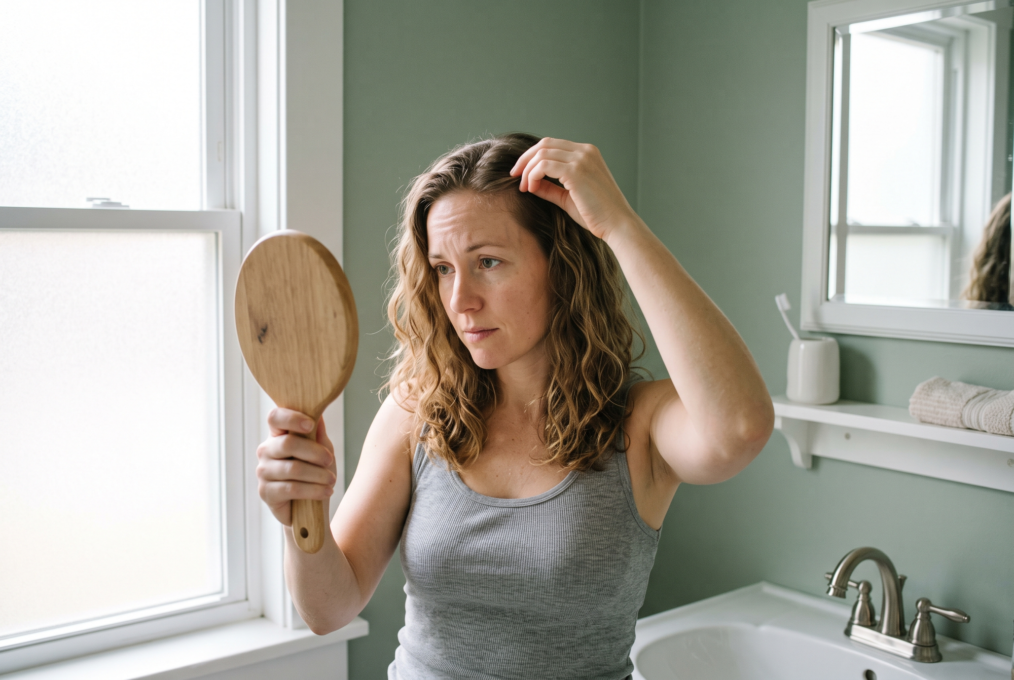 Woman examining her scalp and hairline in a hand mirror in a bathroom before using a scalp care essence