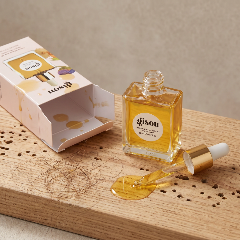 Close-up of the golden hair oil texture poured from the 20ml bottle