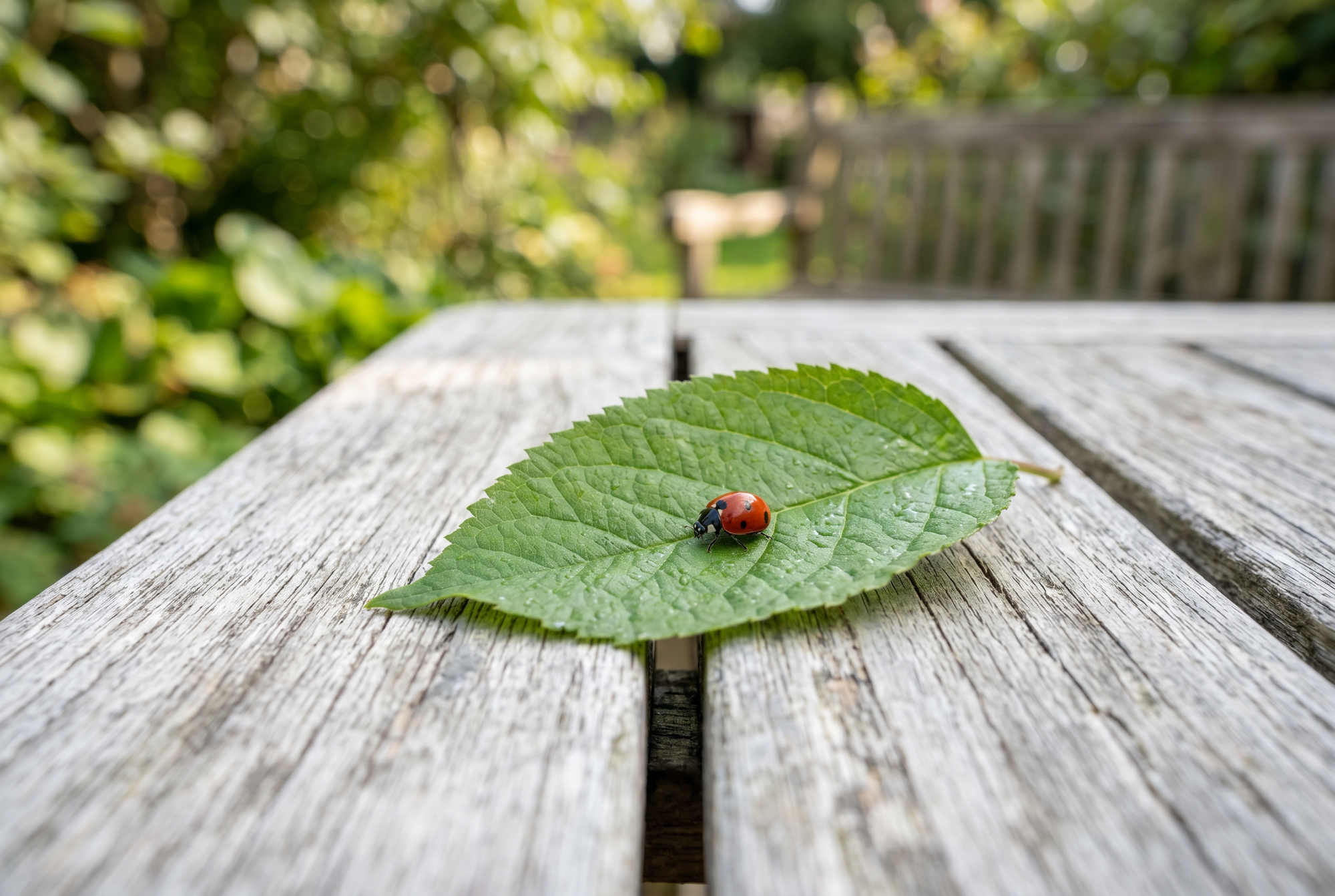 A small red ladybug on a green leaf resting on a weathered wooden garden table