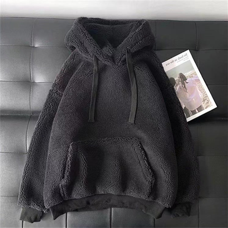 Front view of a apricot white teddy fleece hooded pullover with a front kangaroo pocket