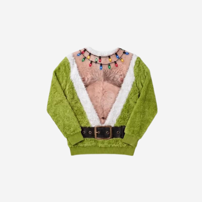 Christmas novelty pajama in green fleece with a printed hairy chest and matching printed gag pants