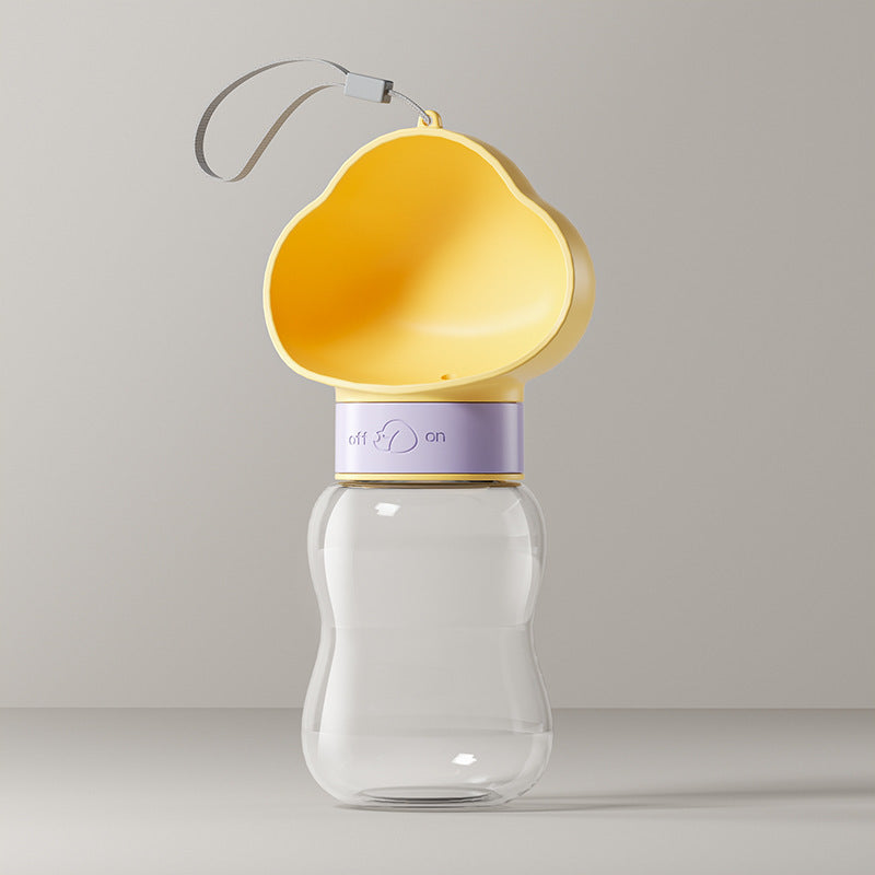 Yellow cloud lid pet water bottle with purple twist ring, open trough and grey hanging carry cord
