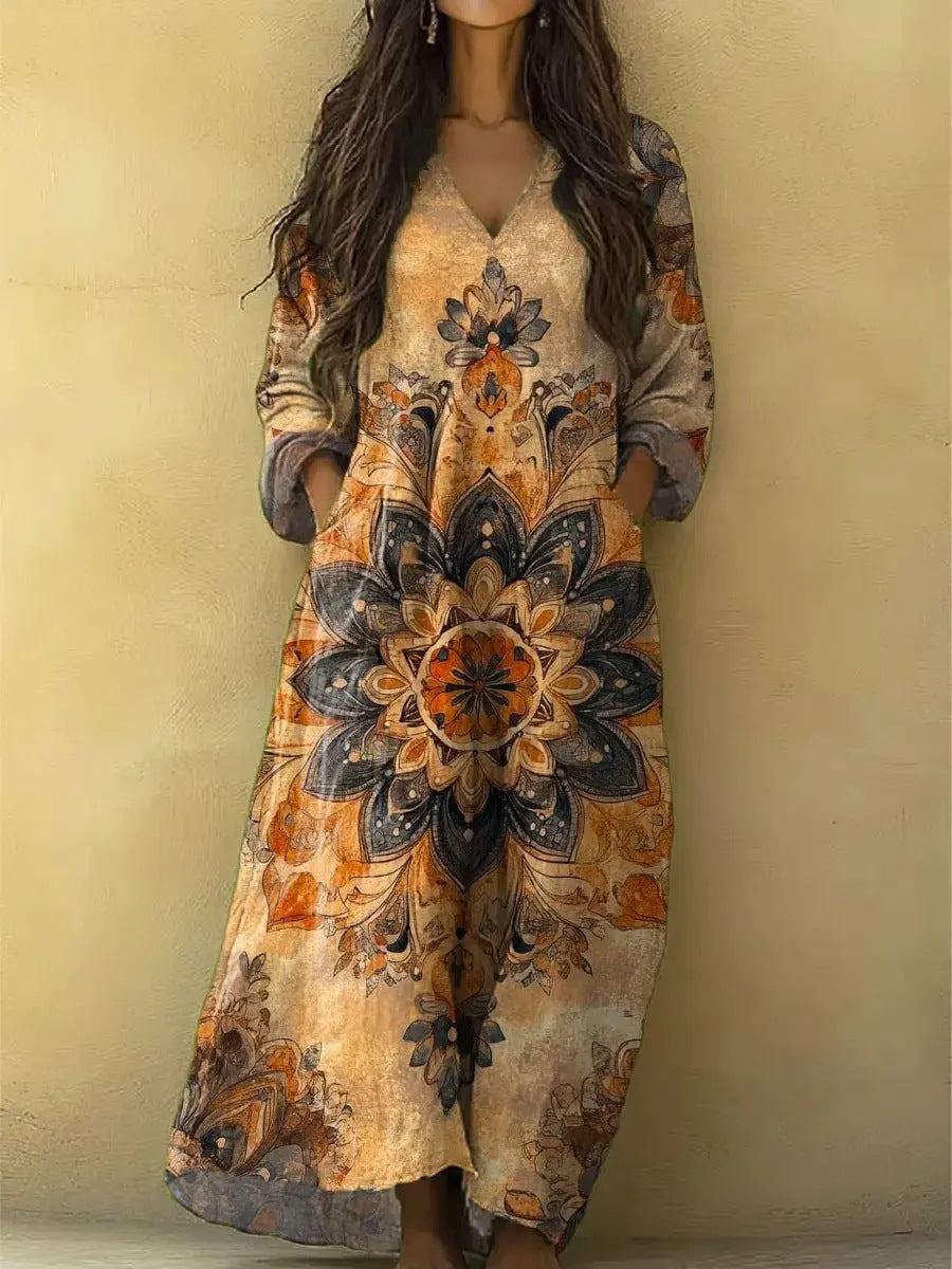 Womens Floral Print V-Neck Long Sleeve Dress