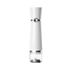 White cordless handheld vacuum sealer with a chrome base and a single touch button on a plain background