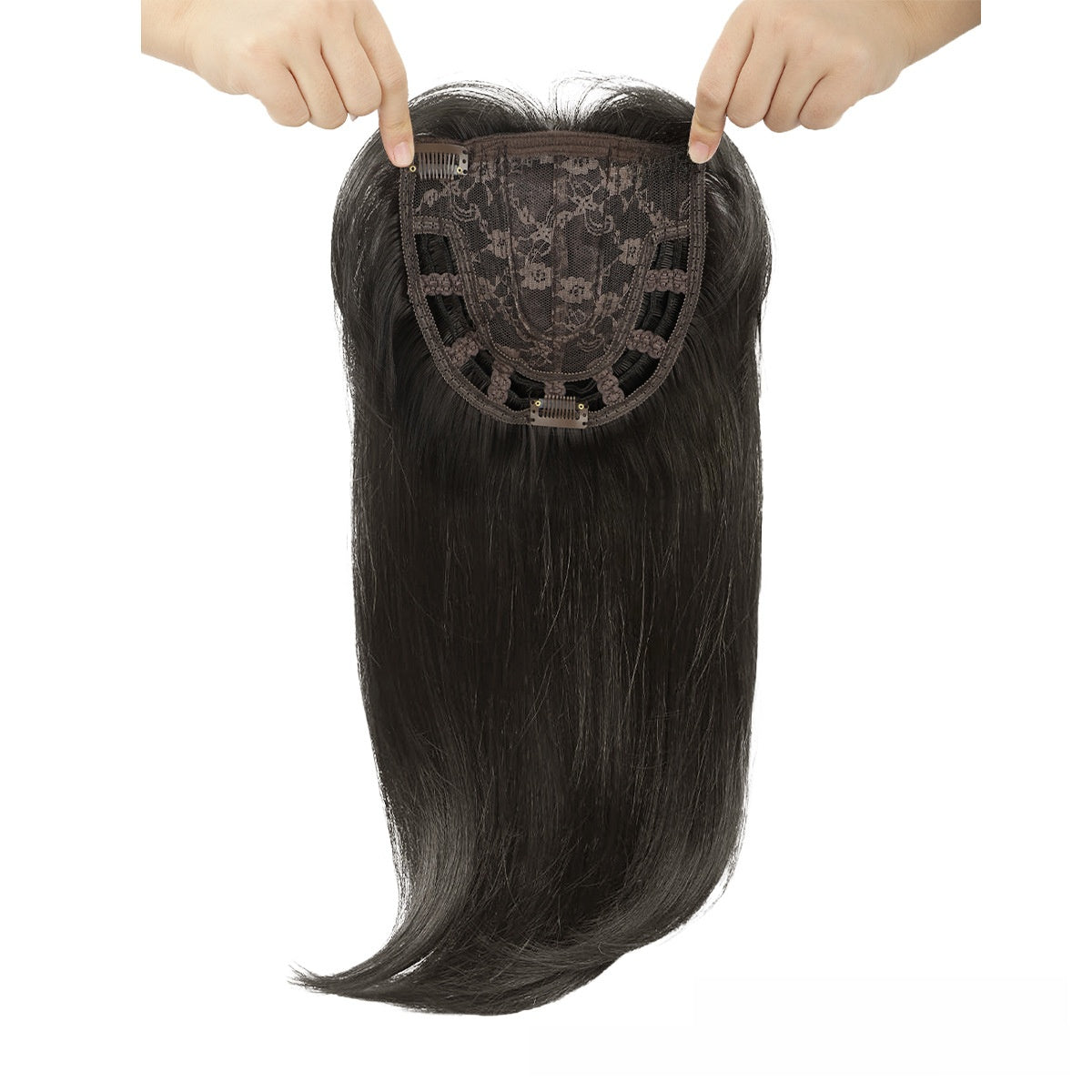 Matte synthetic hair topper held up on a white background showing the U shaped lace clip base