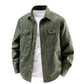 Men's military green cotton shirt jacket with flap chest pockets, front view, size M option