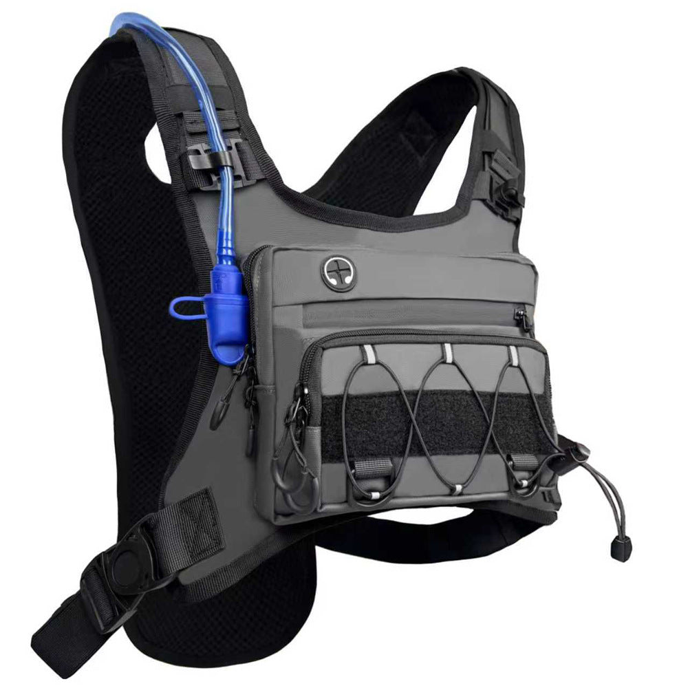 Gray hydration chest rig shown to display the shoulder straps and mesh back panel