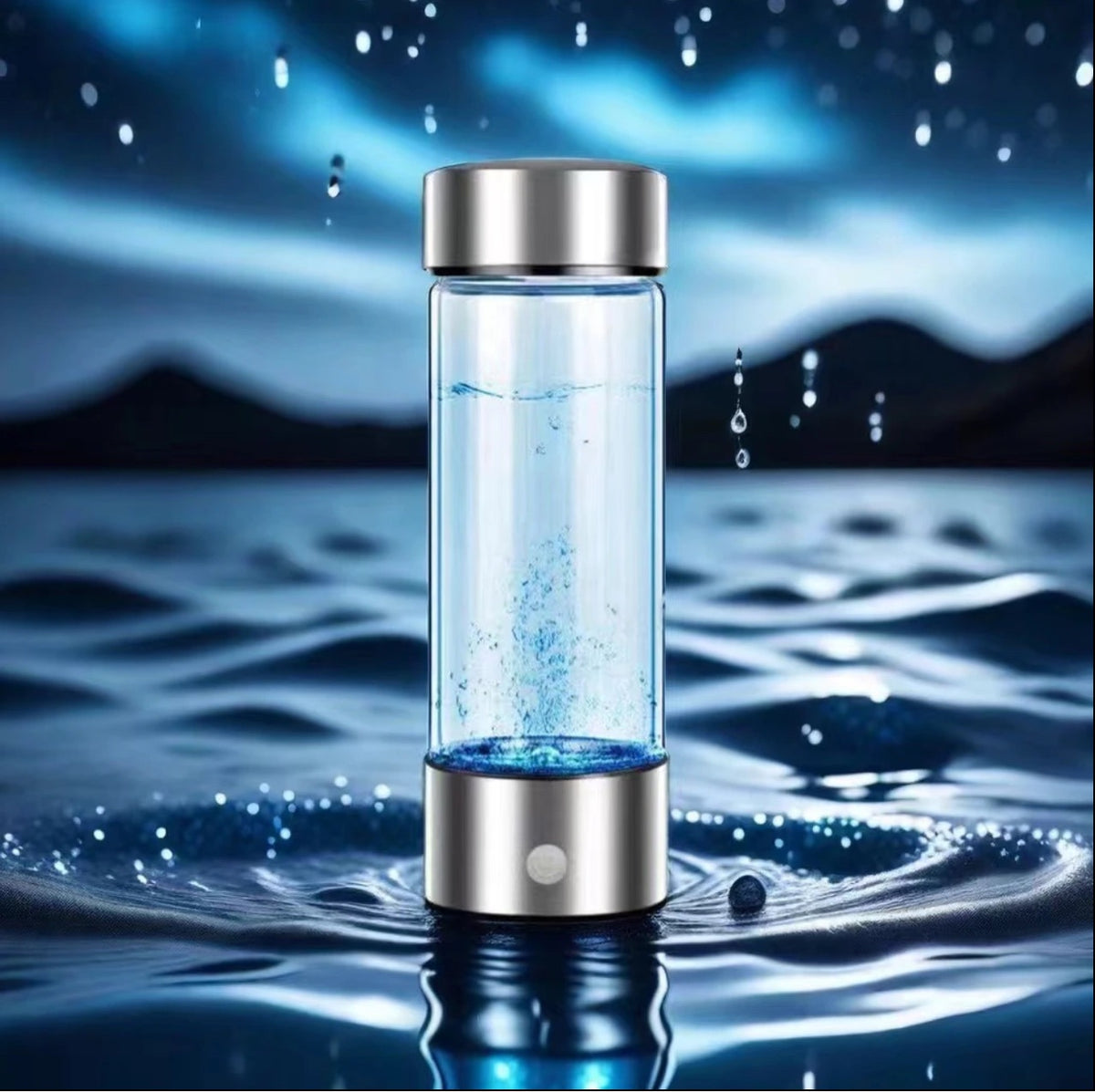 Hydrogen water bottle bubbling in the clear glass barrel over a blue backdrop