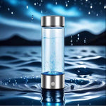 Hydrogen water bottle bubbling in the clear glass barrel over a blue backdrop