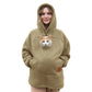 Khaki tan lamb fleece hoodie with a cat looking out of the chest pouch, studio front view, size M option