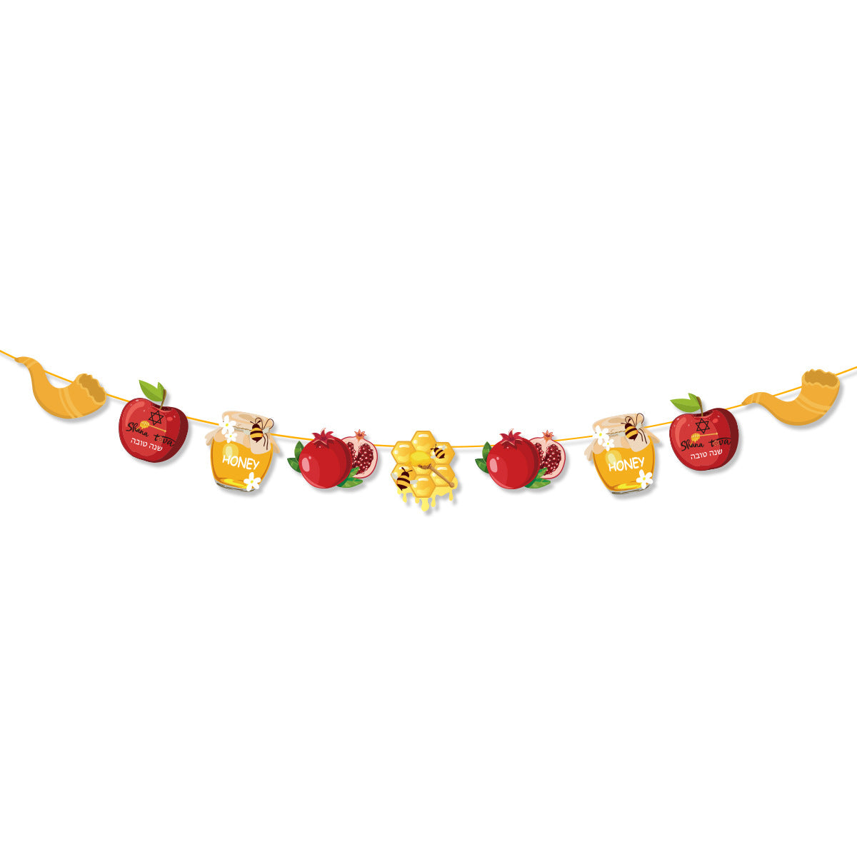 Cluster of Rosh Hashanah balloons tied with red ribbon