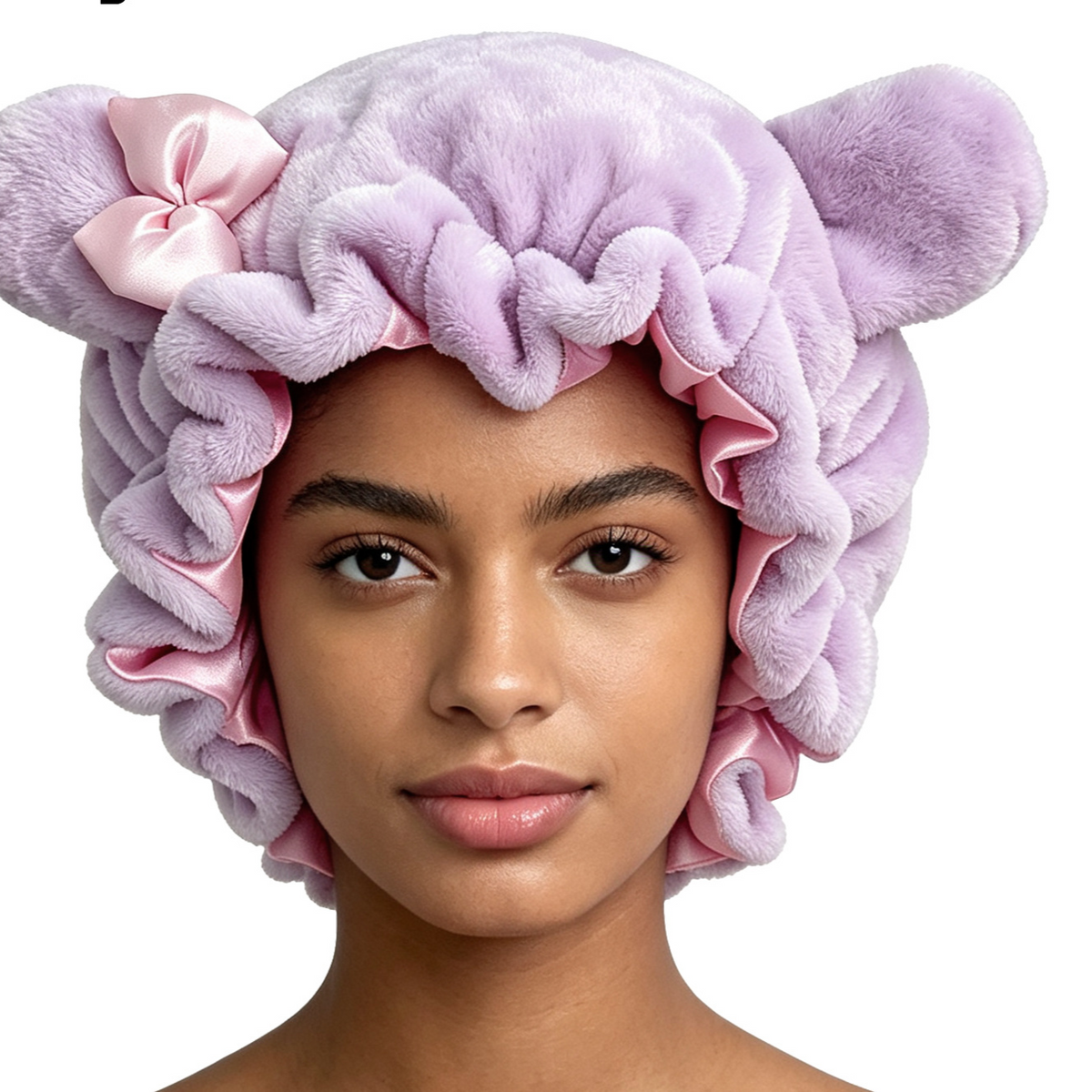 Model wearing the Lavender Purple bear ear sleep cap with a satin bow, front view