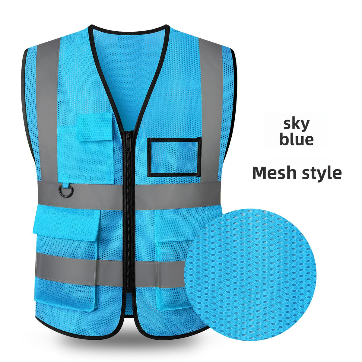 Sky blue mesh reflective work vest with perforated fabric, D-ring and flap pockets