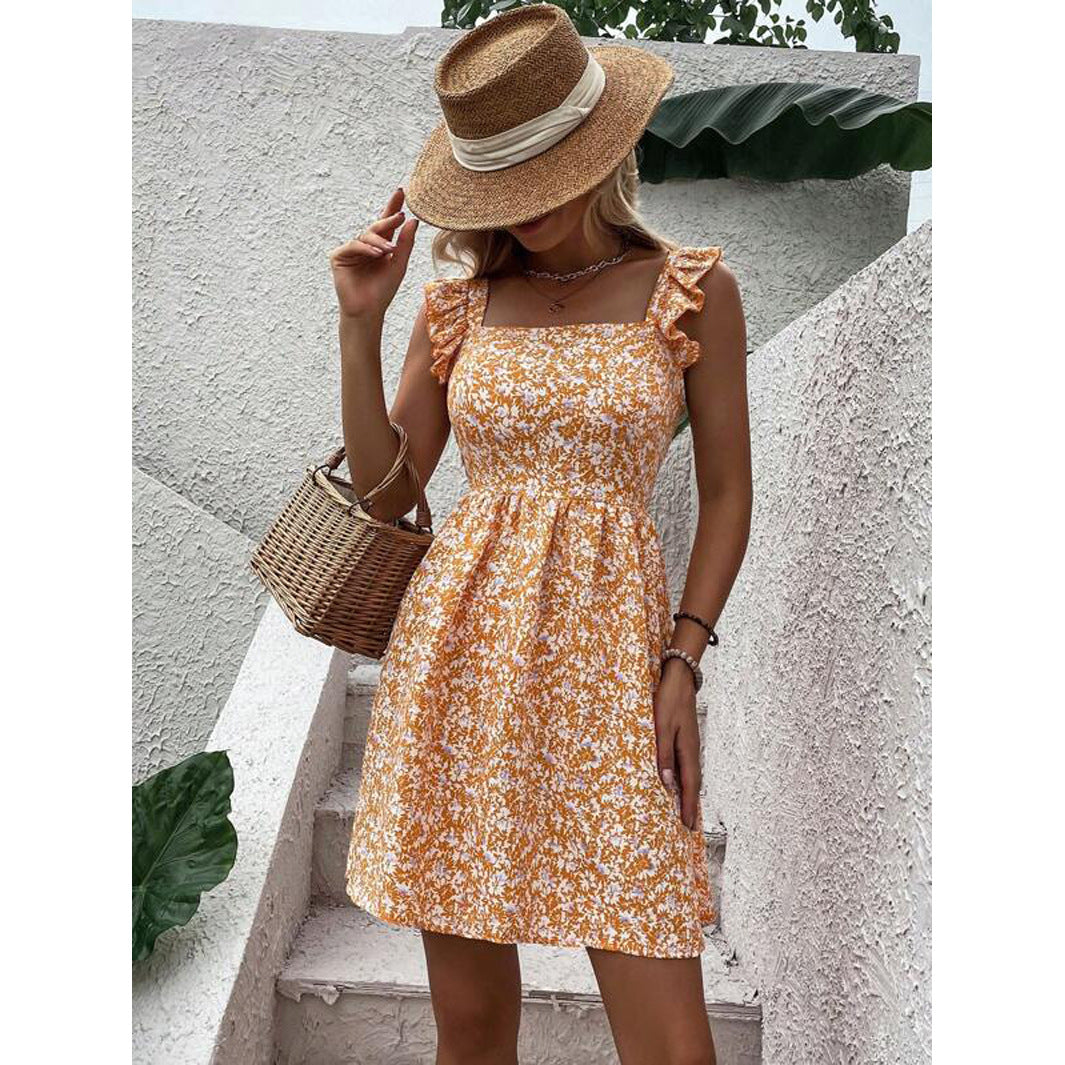 Floral square neck ruffle strap tie back mini dress shown flat, three quarter view