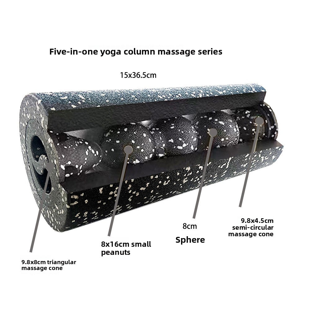 Cutaway of hollow foam roller showing peanut ball, sphere, cone and cap nested inside the core