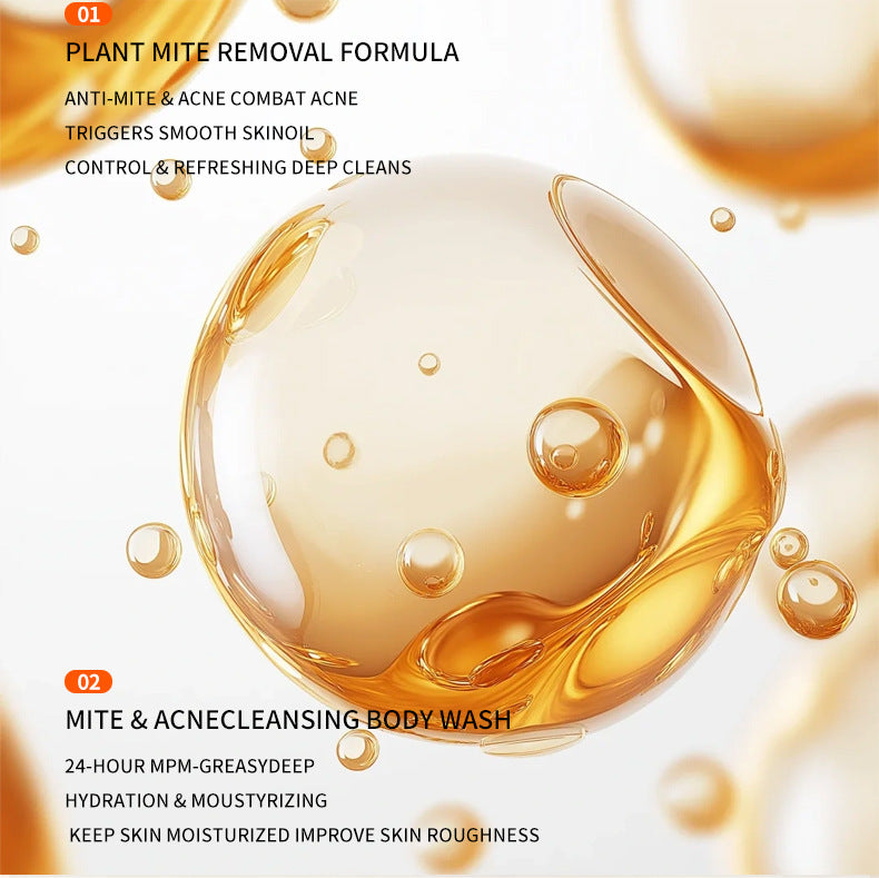 Large amber droplet graphic behind two blocks of maker text about the body wash