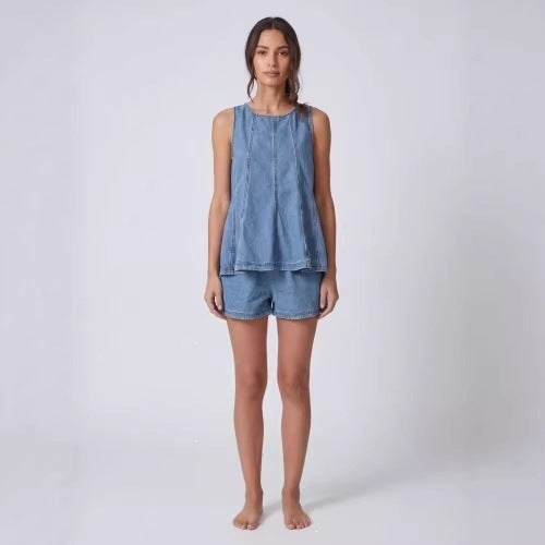 Women's Denim Vest and Shorts Set | angled lifestyle styling shot