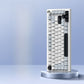 Polar White option, white and grey mechanical keyboard with a silver knob on a round display stand