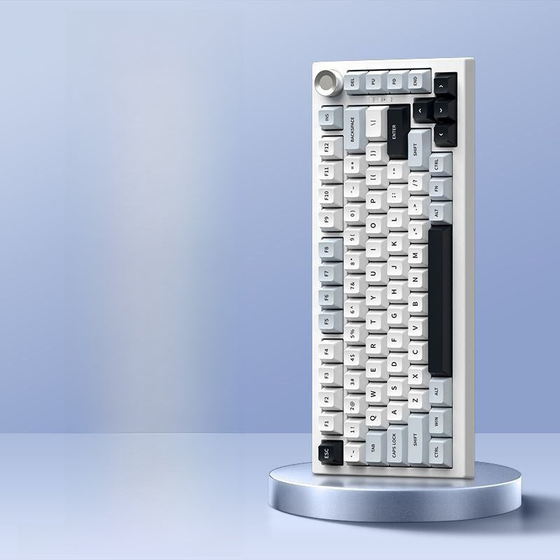 Polar White option, white and grey mechanical keyboard with a silver knob on a round display stand