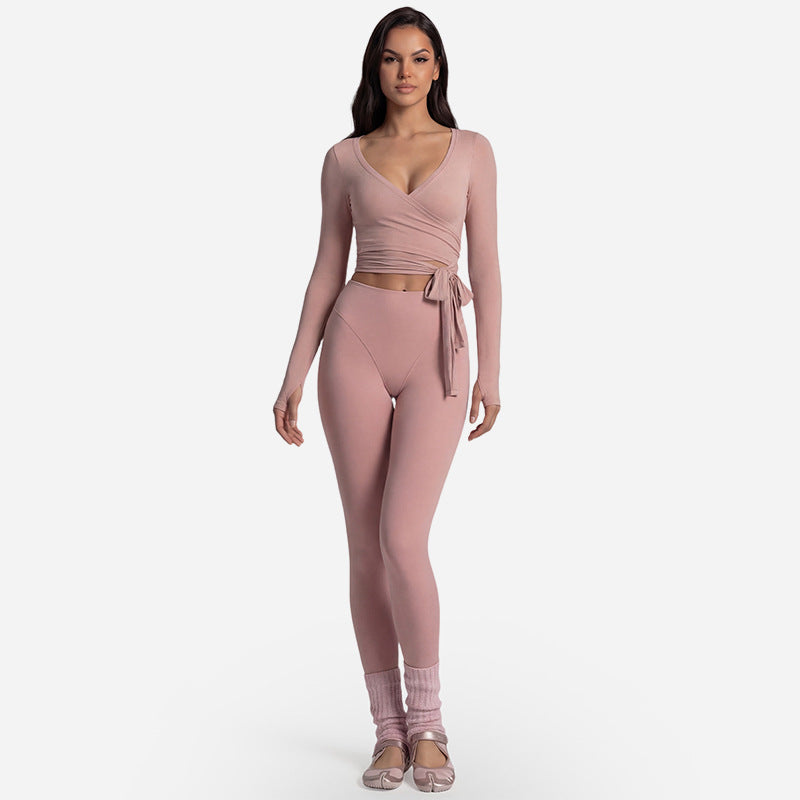 Front tie wrap top with thumbhole sleeves in the ballet yoga set