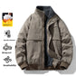 Dark khaki padded bomber jacket with a fleece lined stand collar and zip front, shown with warmth feature icons