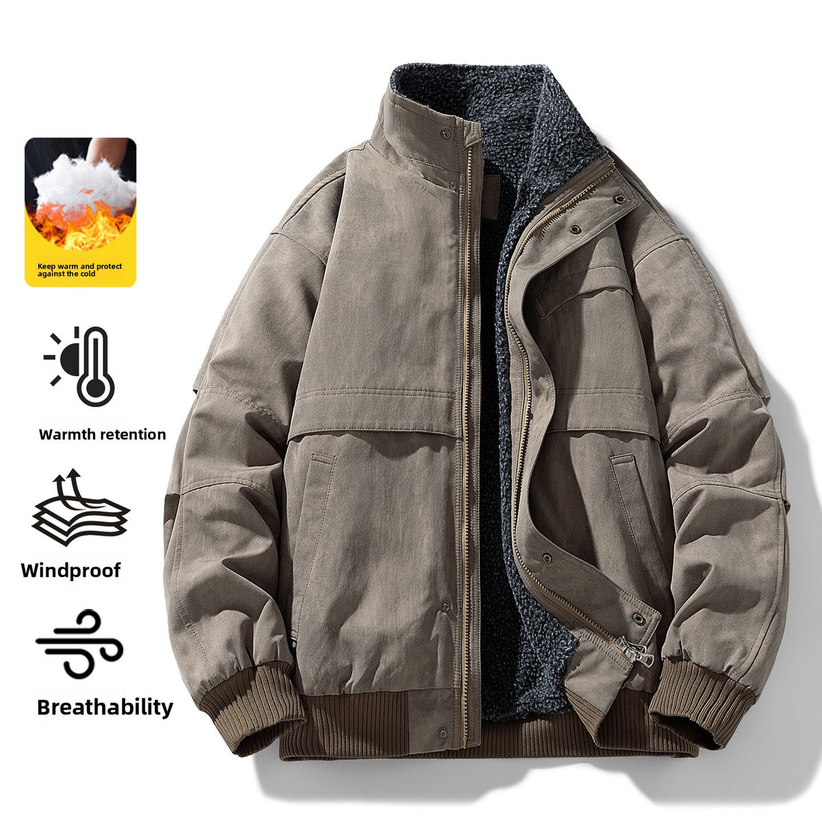 Dark khaki padded bomber jacket with a fleece lined stand collar and zip front, shown with warmth feature icons
