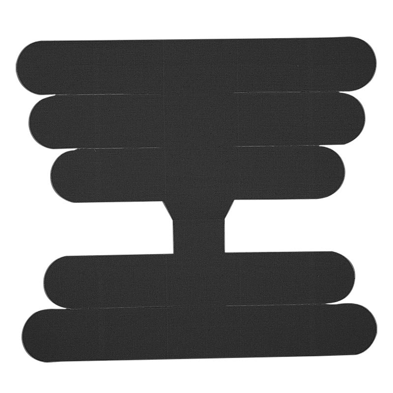 Black pre-cut elastic tape piece with five rounded fingers, laid flat