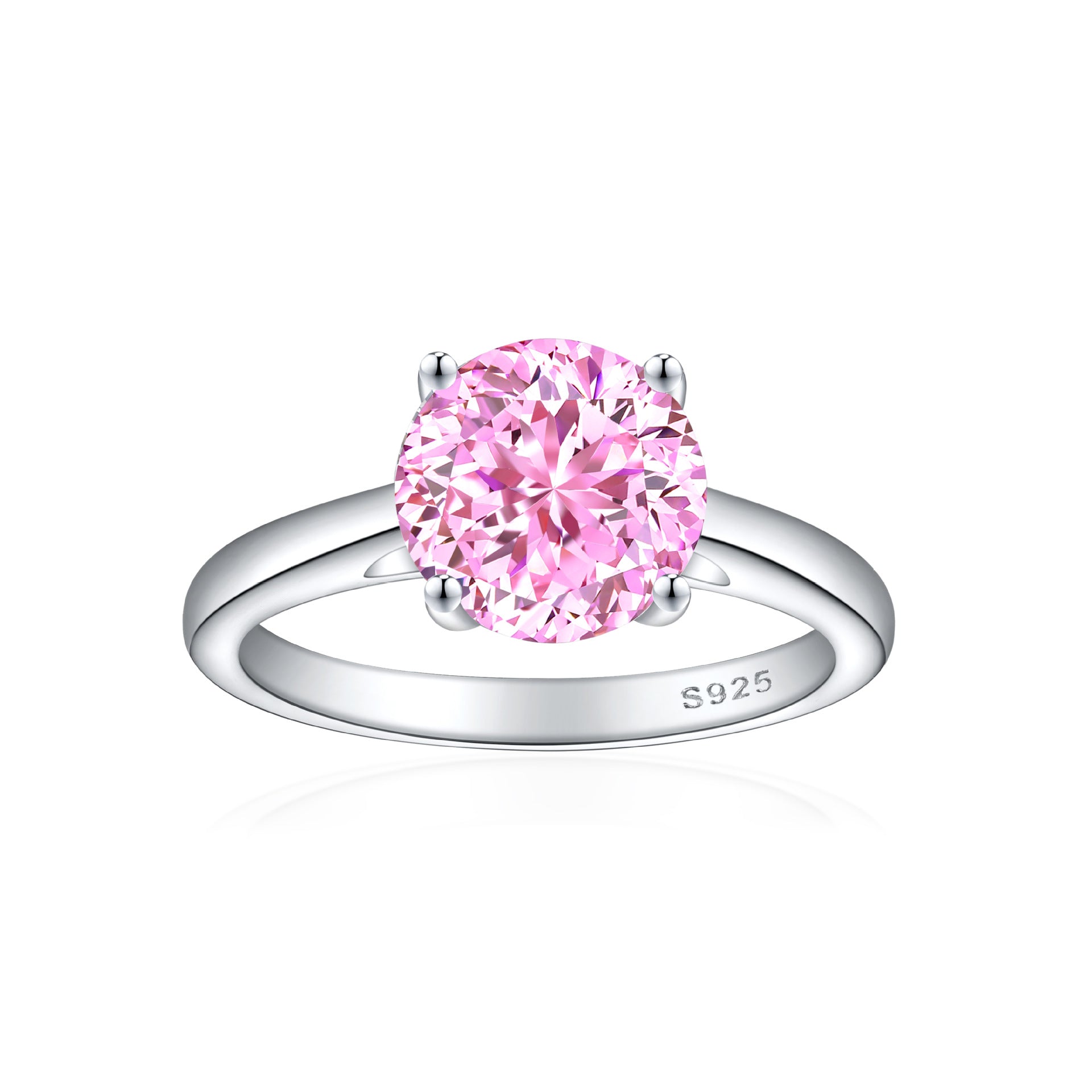 Front view of a round pink stone solitaire ring on a plain S925 sterling silver band, rhodium white finish
