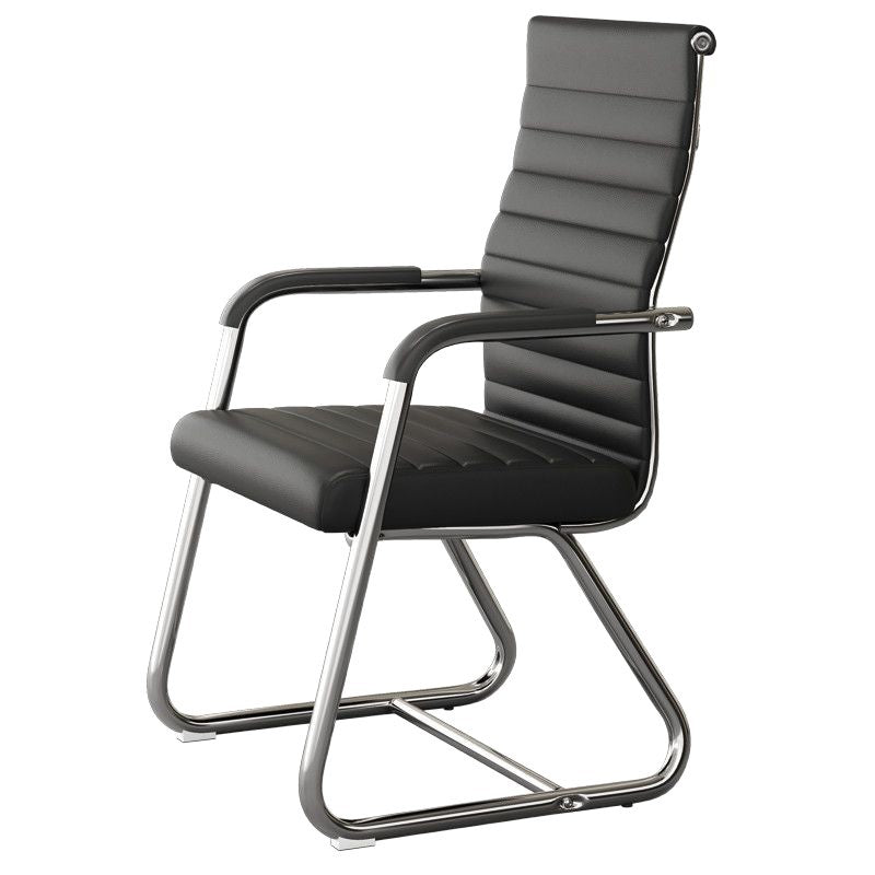 Black ribbed high back leather conference chair with fixed armrests and chrome cantilever base on a white background