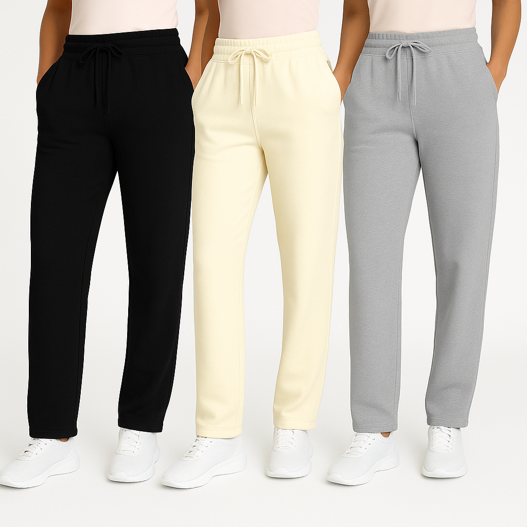 Knit wide leg lounge pants worn relaxed at home with a soft straight drape
