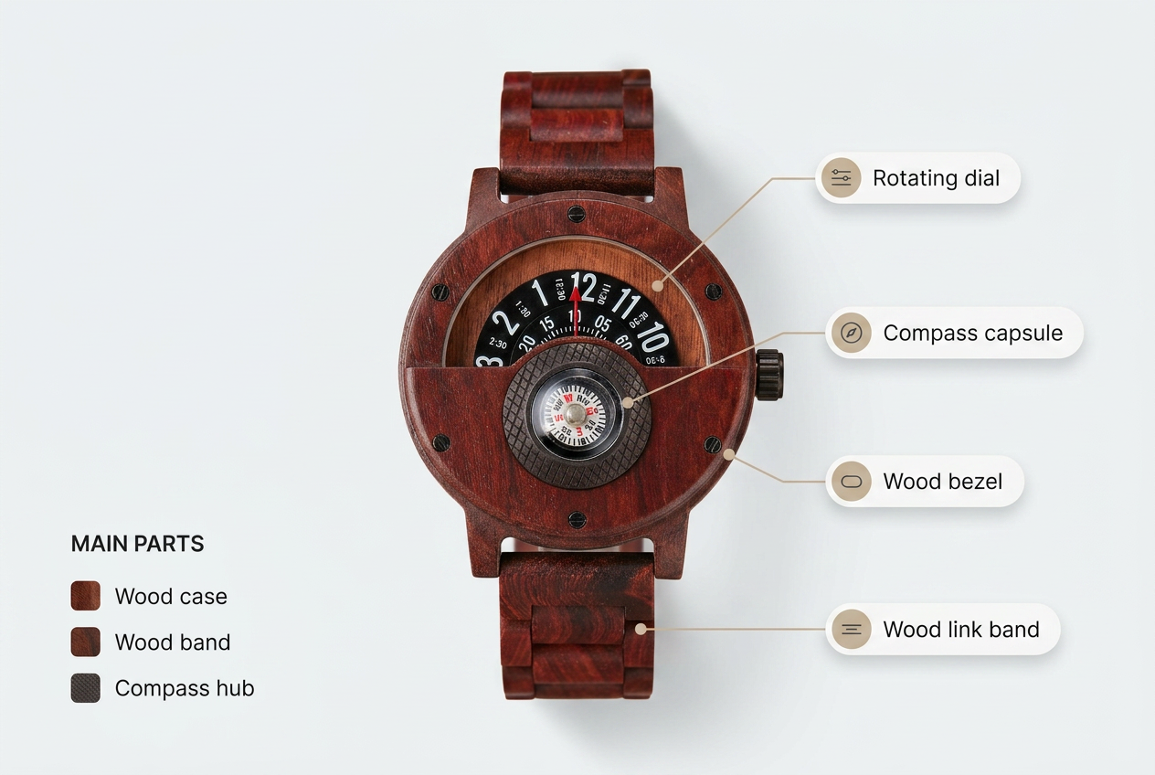 multifunction-compass-wooden-watch feature breakdown